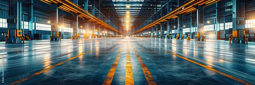 Empty warehouse interior with bright lights and shiny floors. AI. Empty warehouse interior with bright lights and shiny floors. AI.