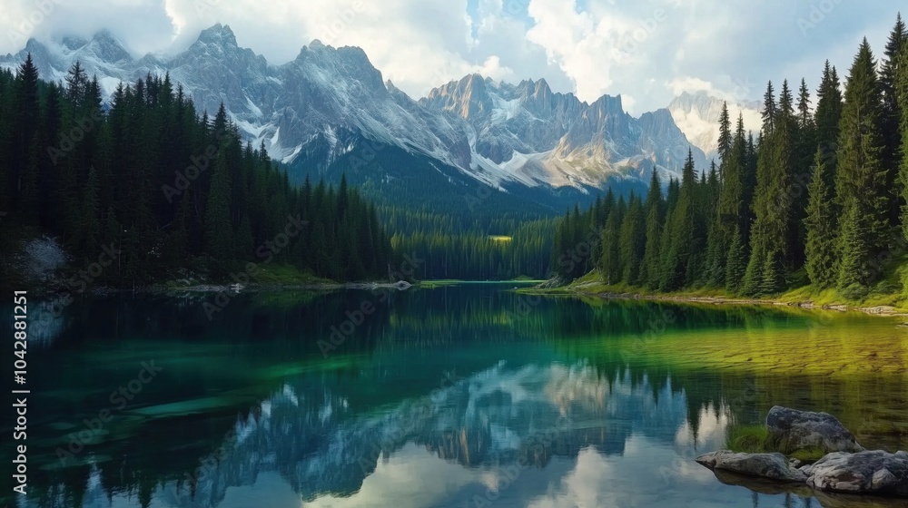 Scenic mountain lake reflection, lush forests, majestic peaks, clear water Scenic mountain lake reflection, lush forests, majestic peaks, clear water
