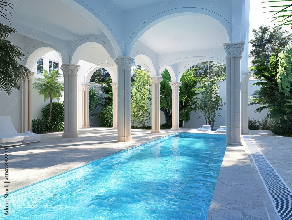 Obraz premium Elegant spa oasis with a luxurious, refreshing swimming pool for ultimate relaxation and tranquility.