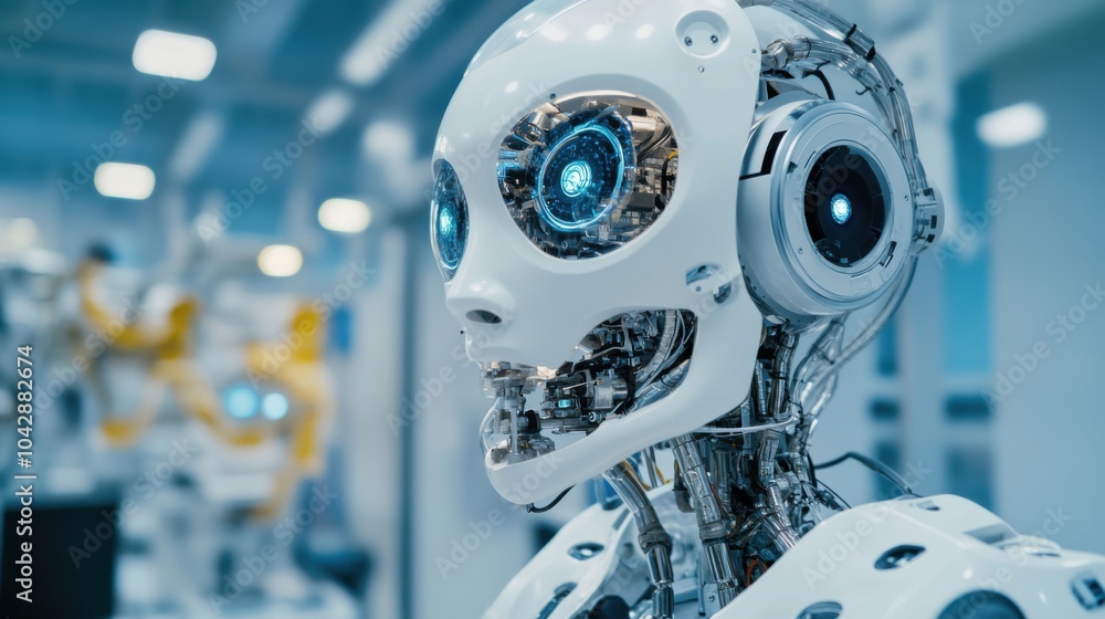 Fototapeta premium An extreme close-up of the multi-modal sensory integration and environmental perception systems of a humanoid environmental monitoring robot in an ecological research center, Robotics style, photo of