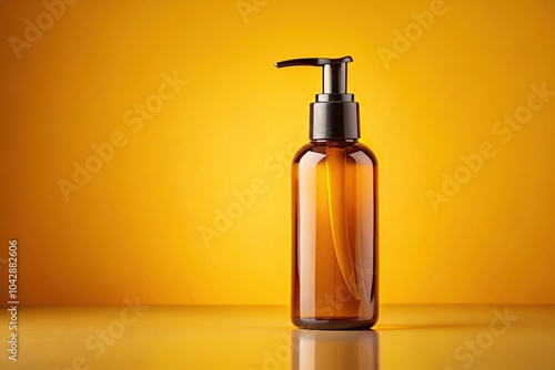 cosmetic lotion bottle mockup with amber glass and yellow background