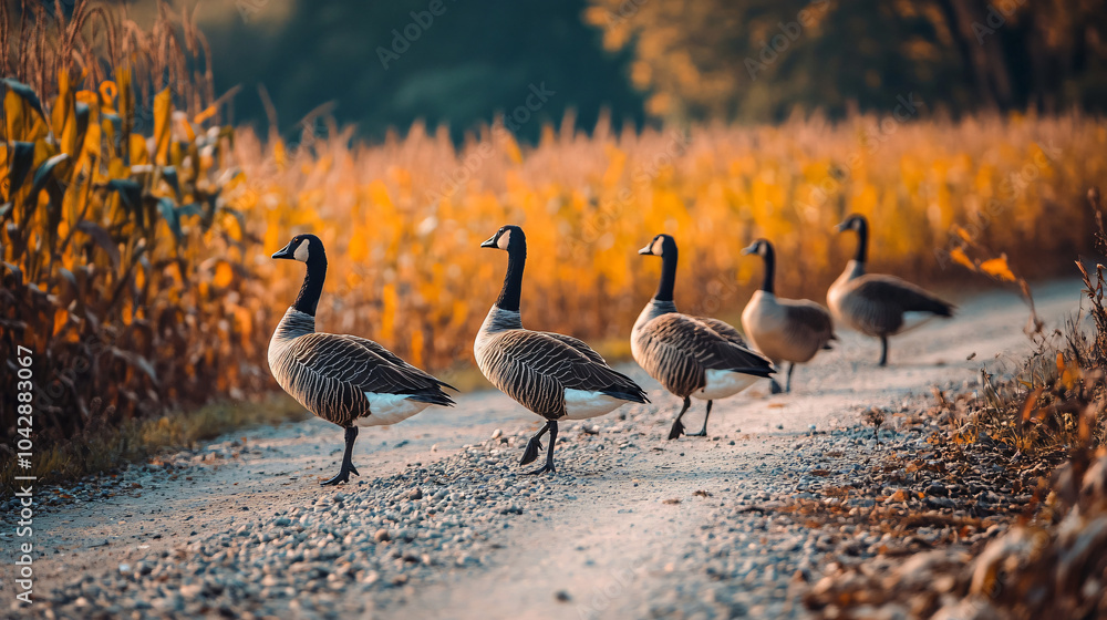 Fototapeta premium Wild geese walking along a gravel road near a field of corn during Thanksgiving.