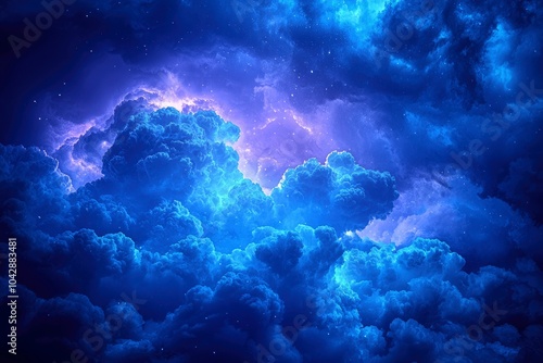 A Celestial Landscape of Blue Clouds and Shimmering Stars