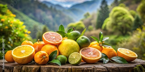 Fototapeta Naklejka Na Ścianę i Meble -  description: A vibrant and colorful collection of citrus fruits in a lush and wild setting