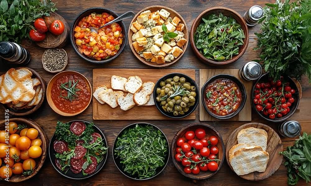 A vibrant spread of various dishes and ingredients for sharing. A vibrant spread of various dishes and ingredients for sharing.