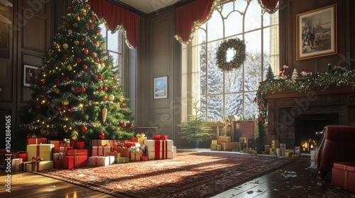 Photorealistic Christmas morning scene with gifts being unwrapped under the tree and a joyful atmosphere
