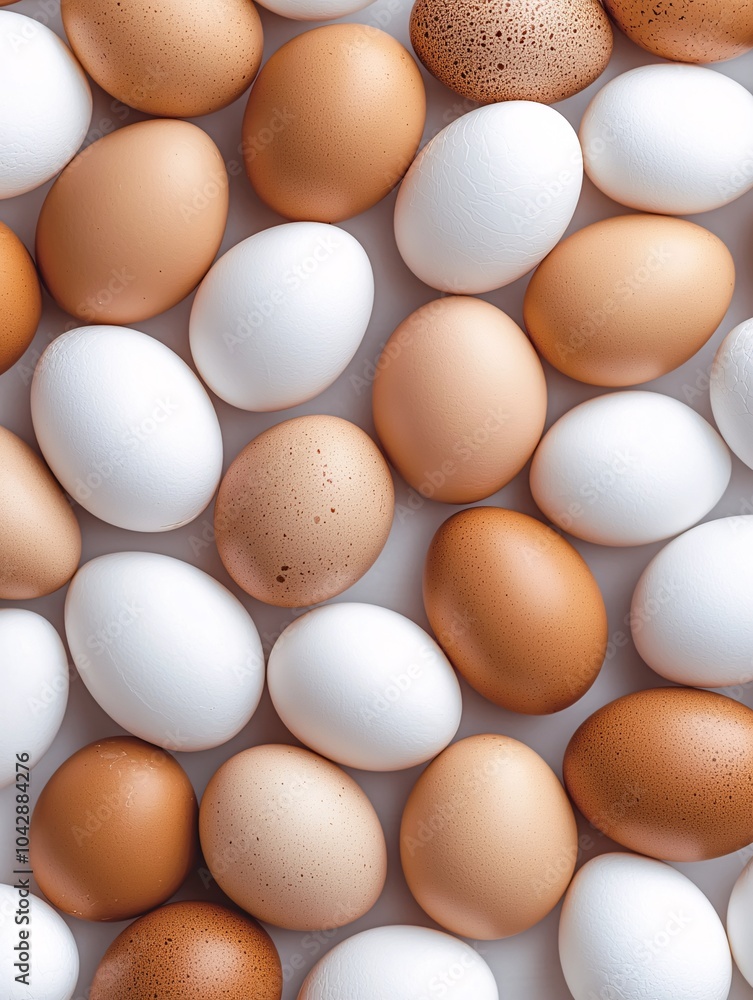 Artfully displayed free-range eggs with natural brown and white shells on a white backdrop, ideal for culinary showcases and recipes. Artfully displayed free-range eggs with natural brown and white shells on a white backdrop, ideal for culinary showcases and recipes.