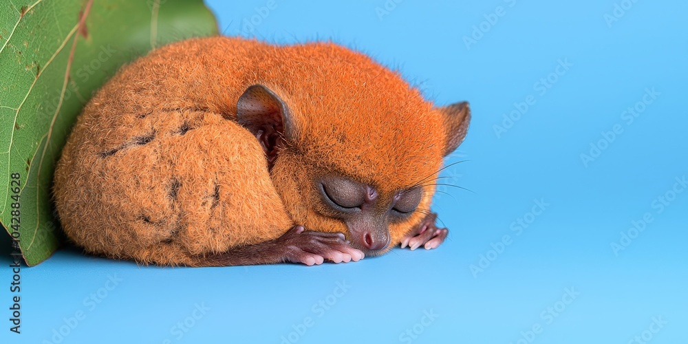 Obraz premium Cute Sleeping Tarsier on Blue Background Wildlife Photography