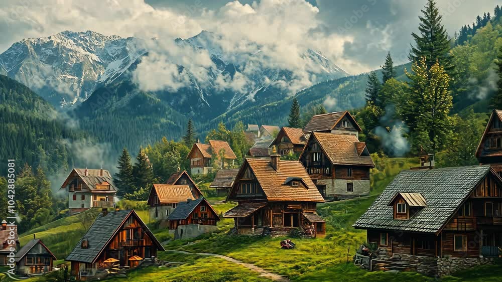 A small village nestled in the Alps, surrounded by lush green trees and snow-capped mountains A small village nestled in the Alps, surrounded by lush green trees and snow-capped mountains