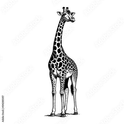 Giraffe in Standing Position Black and White Outline Line Art Drawing with Detailed Features