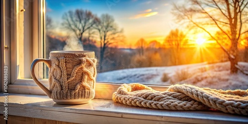 Cozy handknitted sweater wrapped mug on frosty window sill at sunrise photo