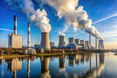 Description: Panoramic view of thermal power plant with smoking chimneys against a blue sky