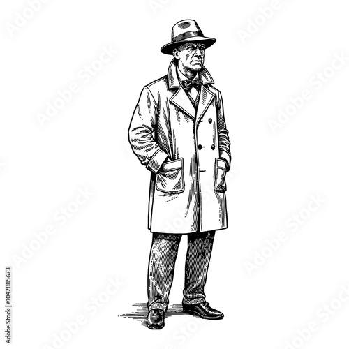 Vintage Detective Man in Full Body Black and White Outline Line Art Drawing with Suit and Hat