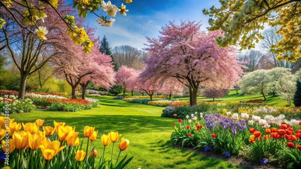 Lovely springtime landscape with flowers in the garden and trees in the background Lovely springtime landscape with flowers in the garden and trees in the background