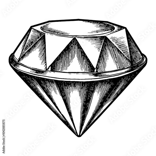 Shiny Diamond Gemstone Black and White Outline Line Art Drawing with Detailed Facets