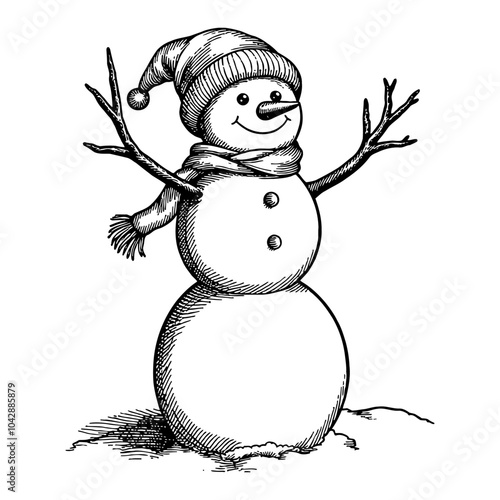 Snowman Wearing Scarf and Hat in Detailed Black and White Outline Line Art Drawing photo