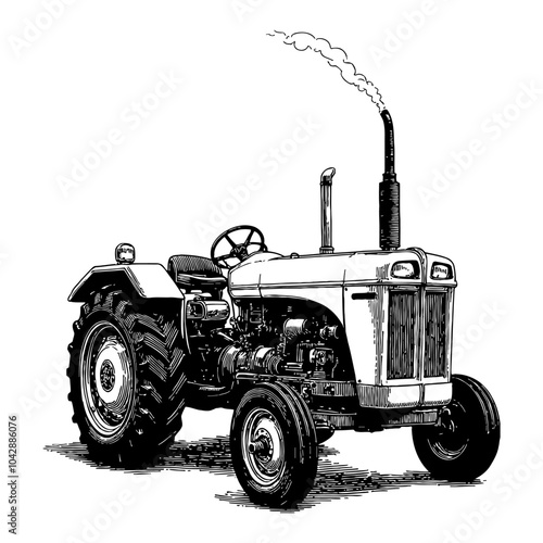 Vintage Tractor with Front View Detailed Black and White Outline Line Art Drawing Illustration
