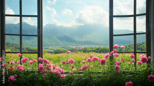 View of rose flower field from window with mountain background