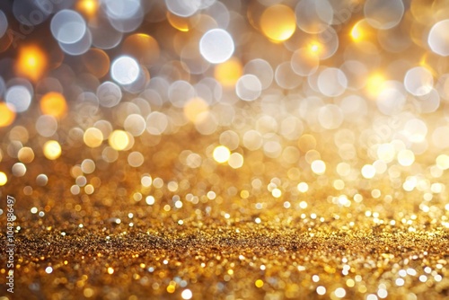 Low angle abstract background with shiny gold, yellow, and silver glitter bokeh lights