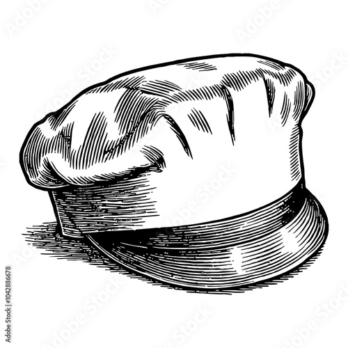 Baker Hat in Vintage Style Detailed Black and White Outline Line Art Drawing with Shadows