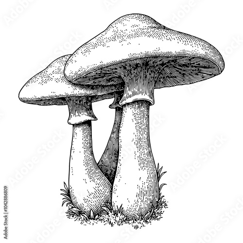 Boletus Mushrooms with Three Detailed Caps in Black and White Outline Line Art Drawing
