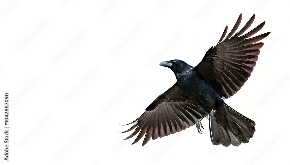 Obraz premium American crow - Corvus brachyrhynchos - in flight flying with Wing spread, isolated cutout on white background with copy space. One of the most common species of bird in North America