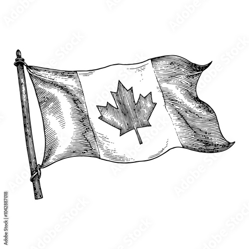 Canadian Flag Illustration with Detailed Black and White Outline Line Art Drawing Style