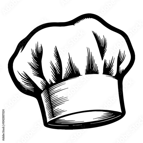 Chef Hat in Detailed Retro Black and White Outline Line Art Drawing Isolated on White Background