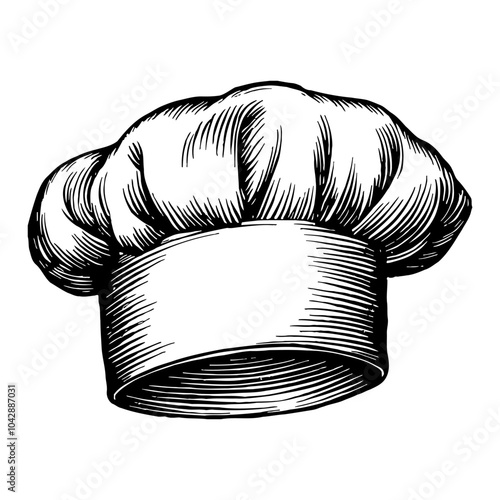 Chef Hat in Detailed Black and White Outline Line Art Drawing with Retro Style