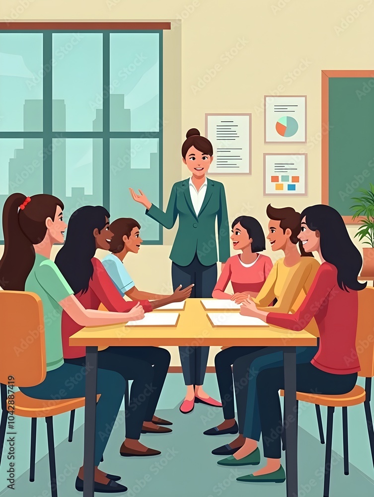Graphic style, school team, classroom setting, teamwork in action Graphic style, school team, classroom setting, teamwork in action
