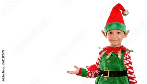 Christmas elf is a small person that lives with Santa Claus at the North Pole and acts as his helper making toys and wears green or red, with large, pointy ears and wearing long pointy hats. Isolated photo