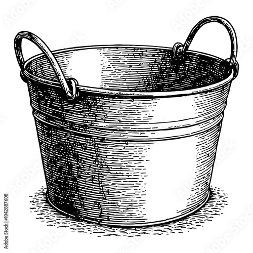 Empty Steel Bucket in Detailed Black and White Outline Line Art Drawing with Handles
