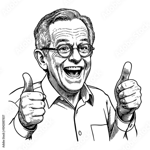 Excited Old Grandpa with Thumbs Up Gesture in Black and White Outline Line Art Drawing