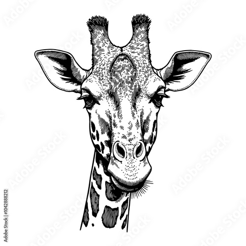Detailed Giraffe Head Portrait in Vintage Style Black and White Outline Line Art Drawing