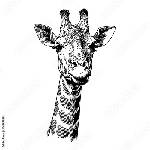 Giraffe Head Portrait Detailed Black and White Outline Line Art Drawing Isolated View