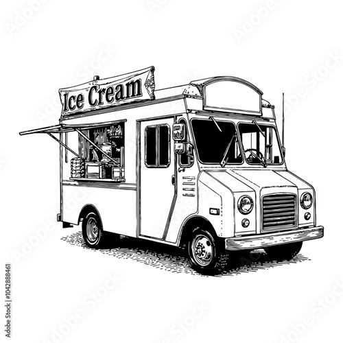 Ice Cream Truck in Detailed Vintage Black and White Outline Line Art Drawing Without Text