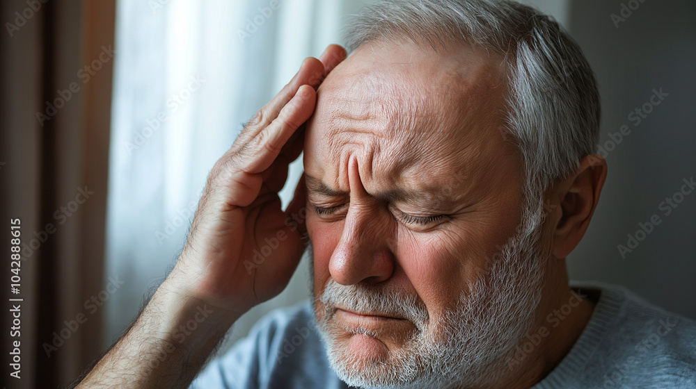 Man Holding Head in Discomfort with Signs of a Headache Man Holding Head in Discomfort with Signs of a Headache