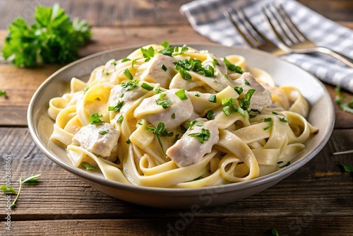 Creamy chicken fettuccine alfredo pasta dish on a plate