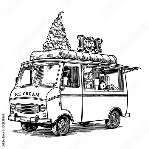 Ice Cream Truck with Retro Vintage Style Black and White Outline Line Art Drawing