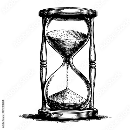 Detailed Hourglass Drawing in Vintage Black and White Outline Line Art Style with Precision