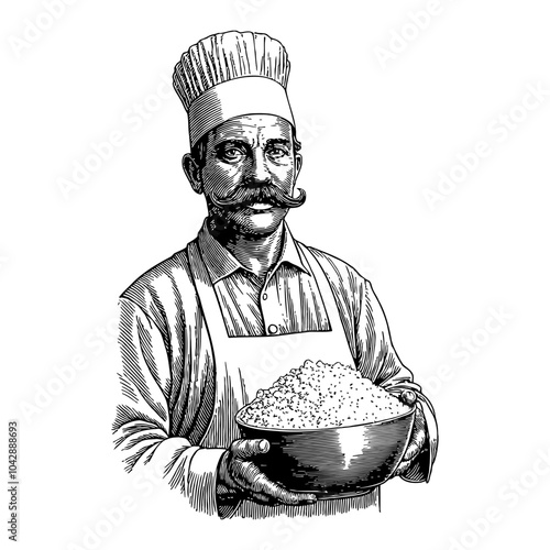 Italian Baker with Moustache Holding Flour Bowl in Black and White Outline Line Art Drawing