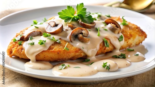 Creamy fried chicken fillet with mushrooms in tilted angle