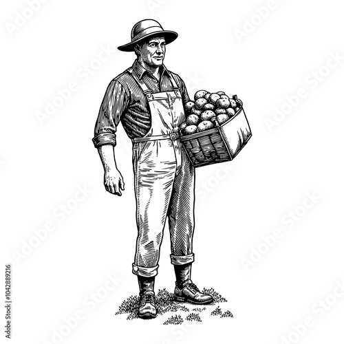 Male Farmer Holding Bag of Potatoes in Black and White Outline Line Art Drawing with Hat Detail