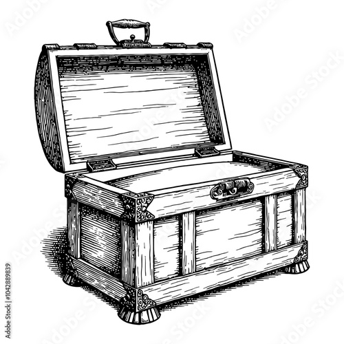 Opened Empty Chest Vintage Black and White Outline Line Art Drawing with Detailed Woodwork