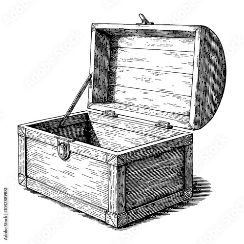 Opened Empty Vintage Chest with Detailed Black and White Outline Line Art Drawing
