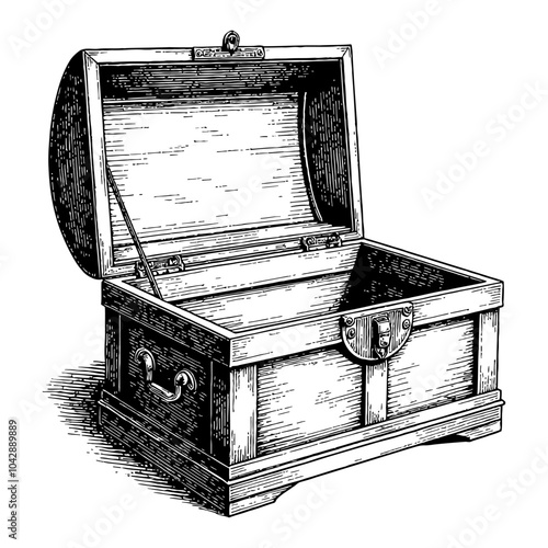 Open Vintage Wooden Chest in Black and White Outline Line Art Drawing with Detailed Features