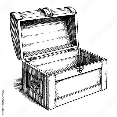 Opened Empty Vintage Treasure Chest in Black and White Outline Line Art Drawing with Details
