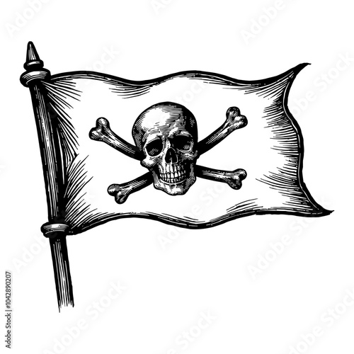 Pirate Flag with Skull and Crossbones Black and White Outline Line Art Drawing in Vintage Style