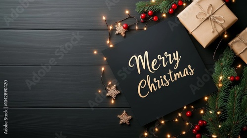 Festive Christmas Decor with Lights  Gifts  and Evergreen Branches on Black Wood Backgroun