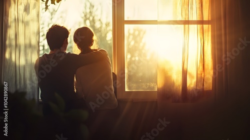 A couple sits together by the window in a peaceful morning setting with soft light highlighting their affectionate connection